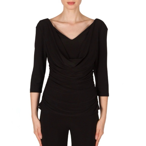 Joseph Ribkoff Blouse Black Draped Neck 3/4 Sleeve Top Sz 6 EUC - Picture 2 of 13